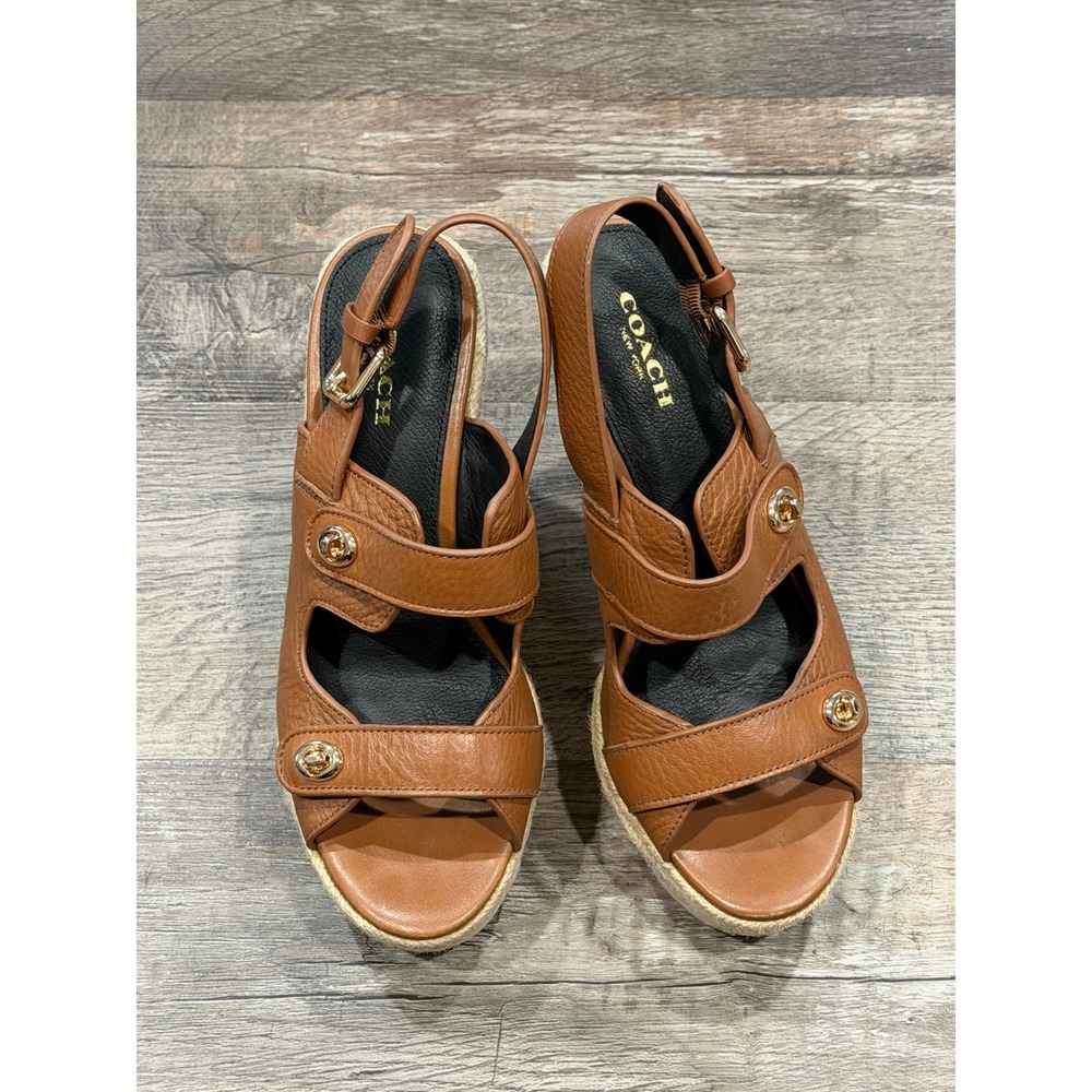 Coach Leather Espadrille Wedge Sandals Brown Turnlock Platform G5056